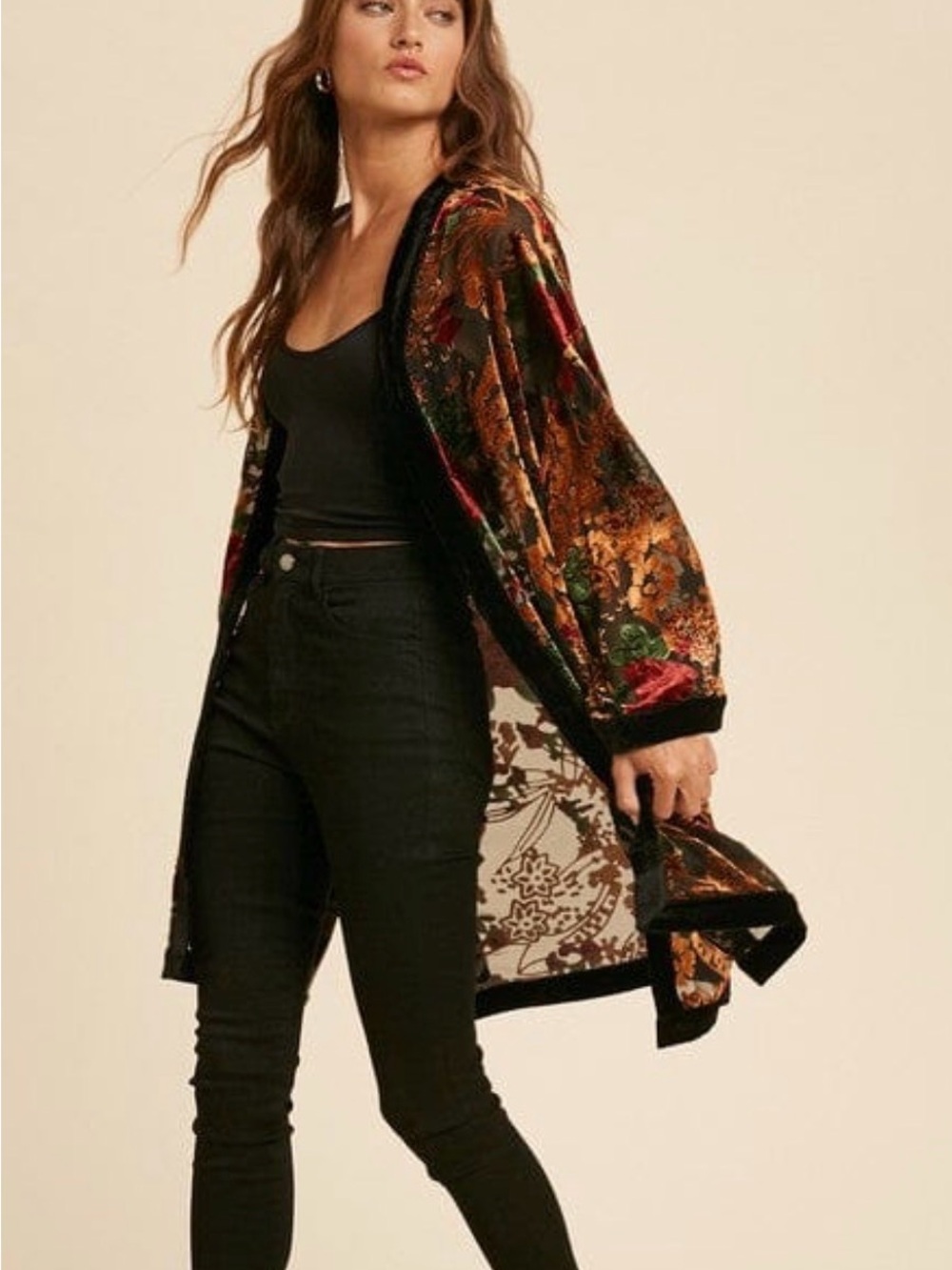 In Loom Kimono S/M Velvet Floral Duster Cape - Black, Rust, Green - Picture 1 of 5
